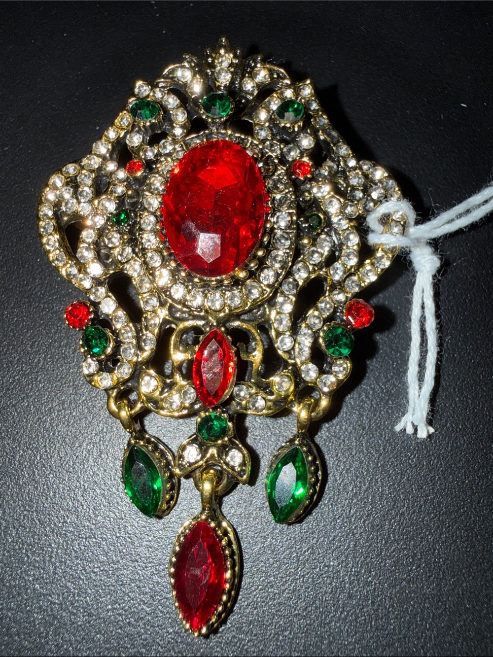 Vintage-Inspired Gold Tone Red & Green Crystal Pendant Brooch